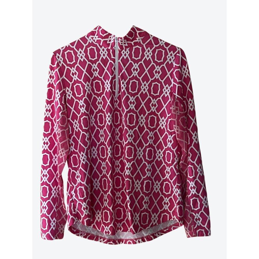 G Lifestyle Women's Large Long Sleeve 1/4 Zip Pink White Geometric Vented Sleeve